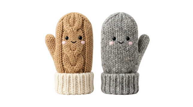 Pair of cute knitted winter mittens with happy face designs isolated on transparent background