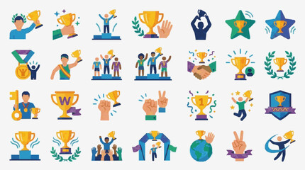 Fototapeta premium Industrial Style Colorful Award Icons Set Featuring Celebration Victory and Achievement Symbols with Golden Cups Medals and Hand Gestures