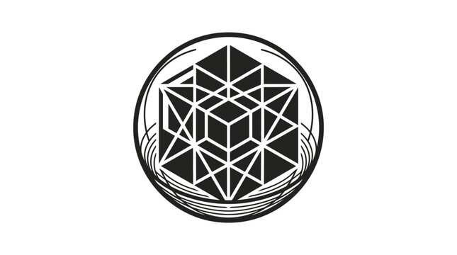 Abstract geometric vector icon featuring a complex cube and sacred geometry design inside a circle