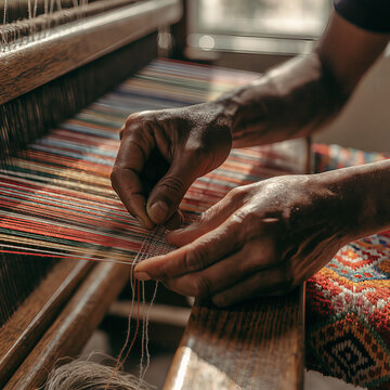 Artisan hands weaving colorful fabric on a loom. Skilled craftsperson creating traditional textile.