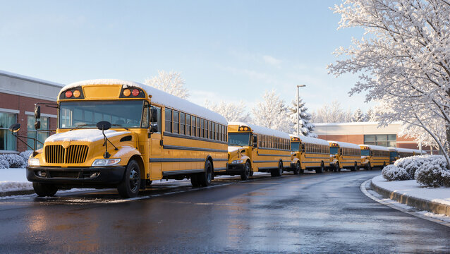 School buses lined up in winter scenery with fresh snow on ground and trees. School buses await students during snowy morning, showcasing typical back to school environment.