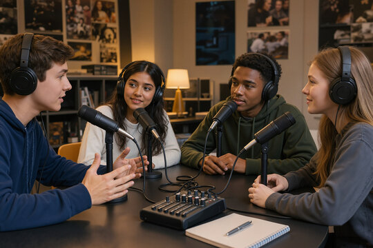 Engaging podcast session with diverse group of friends sharing ideas and discussing topics at table. Podcast discussion includes microphones and sound equipment for recording high-quality audio.
