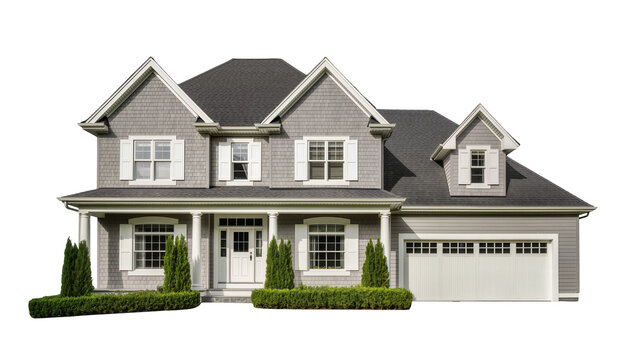 Gray shingled two-story house with white shutters and garage door, isolated on transparent background