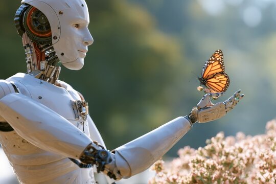 White robot gently holds a monarch butterfly
