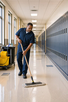 Janitor cleaning school hallway with mop and bucket, focusing on shiny floors and tidy environment. Janitor ensures cleanliness in educational space while maintaining hygienic standards and safety.