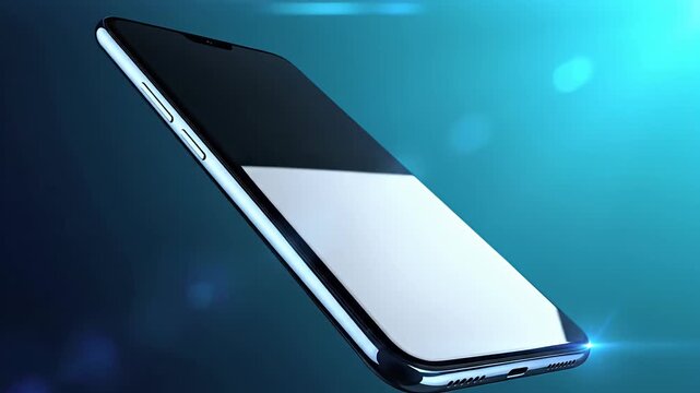 Sleek smartphone floating in a glowing blue digital space.