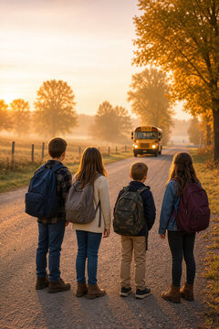 Children waiting for school bus in autumn morning light on country road. Kids with backpacks enjoy beautiful fall scenery while anticipating arrival of school bus.