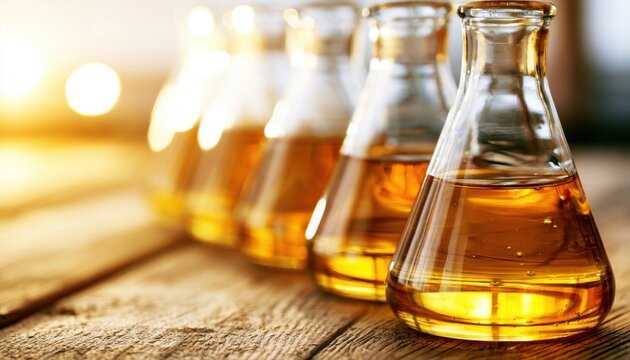 Multiple glass erlenmeyer flasks holding amber liquid on a wooden surface with sunlight