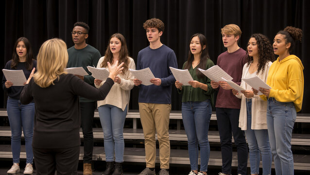 Choir rehearsal with diverse group of students singing together under direction of conductor. Students hold music sheets while engaging in practice session,