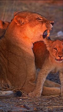Vertical 4K slow motion close-up video of a lioness from the Serondela pride with her cubs snarling at unseen danger with cubs nuzzling close to her face at early morning with vibrant golden lighting