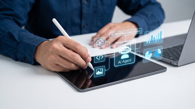 Ai agent artificial intelligence agentic workflow tablet stylus laptop business automation data. AI technology automation system. information network analysis, management assistant solution