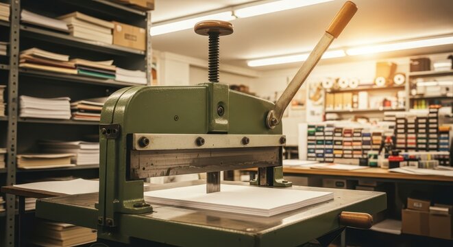 Industrial paper guillotine cutter in a print shop, precisely slicing a stack of white paper sheets for bookbinding or document production
