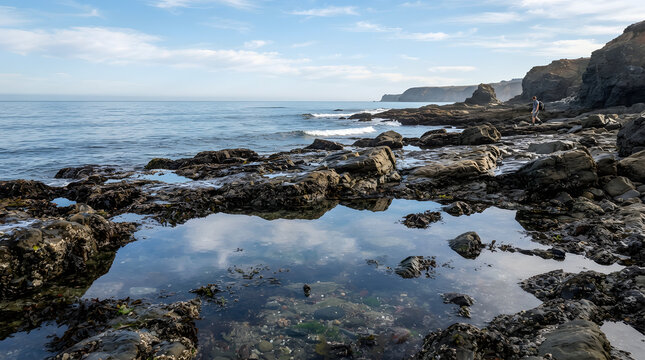 Tide pools reflecting the blue sky along a rocky coastline at low tide