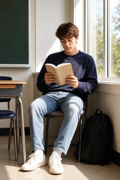Student reading book in classroom during back to school season with backpack by chair. Classroom includes sunlight streaming through window, creating a focused reading environment.