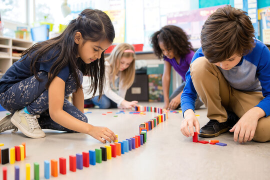 Children playing with colorful dominoes in classroom setting, creating a long line of vibrant pieces. Kids engage in group activity, demonstrating teamwork and creativity with dominoes.