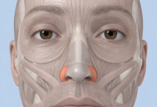 Human facial muscle anatomy with highlighted nasal muscles around the nose