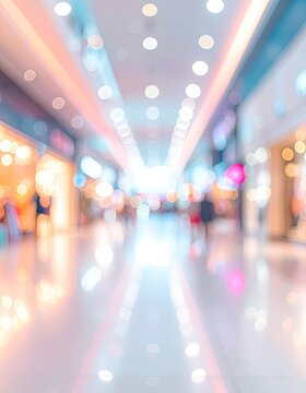A soft focus image captures the vibrant, bokeh-filled atmosphere of a modern shopping mall interior.