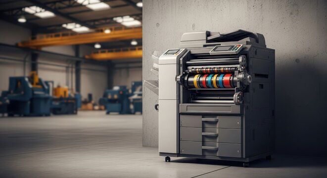 Industrial Printer in Warehouse: High-Volume Color Printing Machine with Visible Rollers, Office Equipment Concept