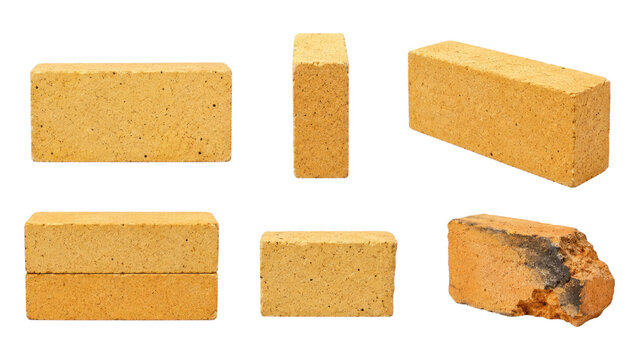 Set of six yellow refractory firebricks, whole and broken, shown on a transparent background