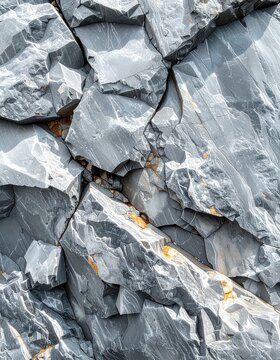 A detailed close-up of a gray rock formation with sharp edges and mineral deposits.