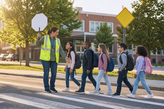 Children walking to school with crossing guard in sunny neighborhood. Group of kids in backpacks crossing street safely while following adult crossing guard directing traffic.