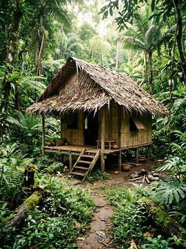 Traditional thatched roof hut in lush forest clearing.