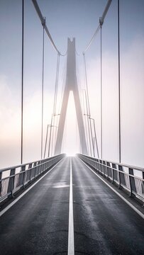 A Modern Cable-Stayed Bridge Disappears into a Soft, Misty Horizon.