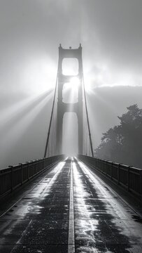 The Golden Gate Bridge bathed in the ethereal glow of sunrise peeking through the fog.