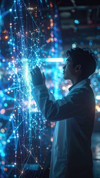 A scientist interacts with a glowing digital network.