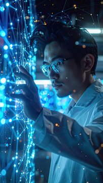A man in glasses interacts with a glowing blue digital network.