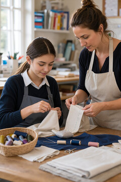 Sewing class with instructor helping student create textile projects using fabrics and threads in bright workshop. Sewing includes hands-on experience with different materials and techniques.