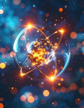 Abstract representation of atomic structure with glowing energy orbits.