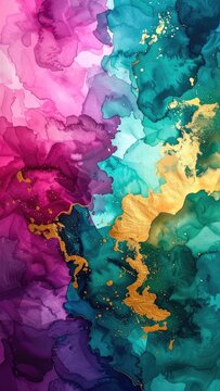 Vibrant watercolor and gold ink abstract art.