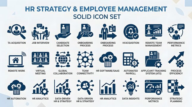 Strategic human resource management solid vector icons for talent acquisition, employee lifecycle, performance, analytics, and digital HR transformation