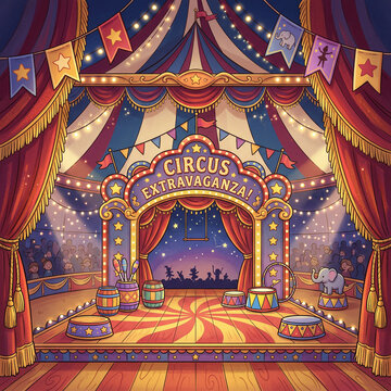 Whimsical cartoon circus stage with a Circus Extravaganza marquee sign, colorful bunting flags, and theater curtains
