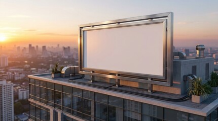 Fototapeta premium Blank billboard mockup installed on a city rooftop during a beautiful golden hour sunset lighting.