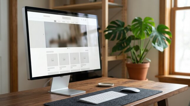 Desktop computer screen displaying a website interface mockup on a wooden desk with a green plant.
