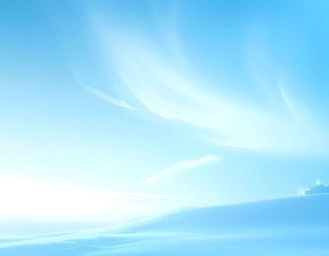 A serene, abstract landscape with soft, blended blue and white tones.