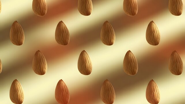 Pattern of almond kernels, close up with soft shadows and warm light