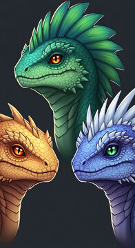 Three stylized dragon heads in green, yellow, and blue, showcasing fantasy creatures with scaly textures and vibrant eyes, representing mythical beings and elemental power