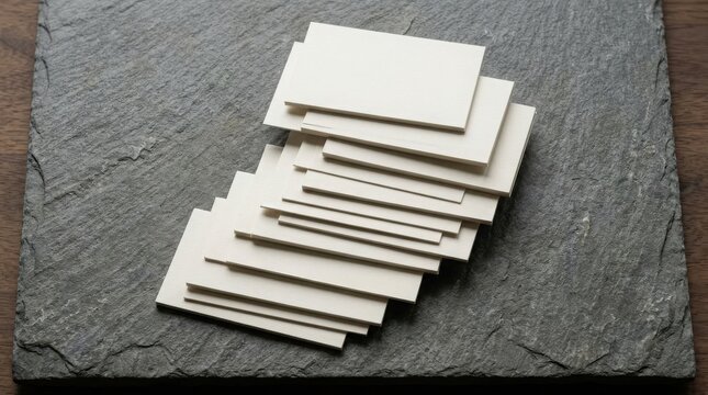 A stack of blank white business cards arranged in a staggered pattern on a dark slate stone surface.