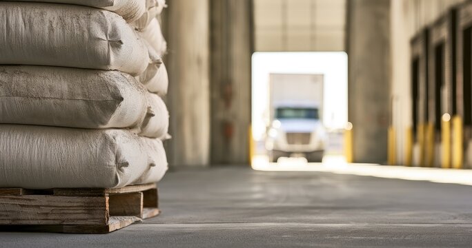 Stacked white sacks on wooden pallet in warehouse, truck in background