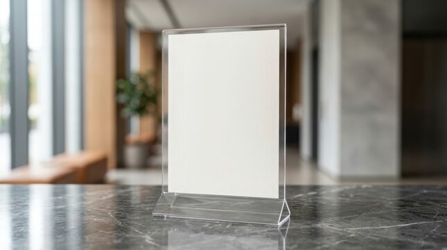 A blank vertical flyer inside a clear acrylic stand placed on a polished dark marble stone counter.