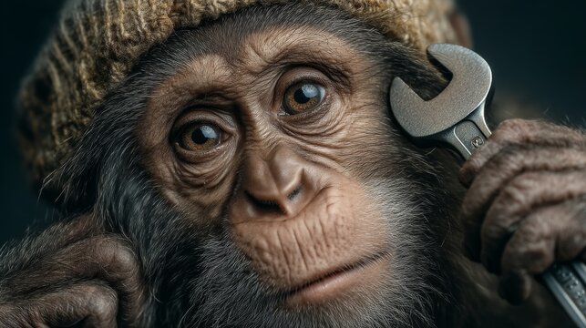 Cute monkey wearing a knitted hat holding a wrench in a thoughtful pose showcasing creativity and humor in animal imagery for commercial use. Generative AI