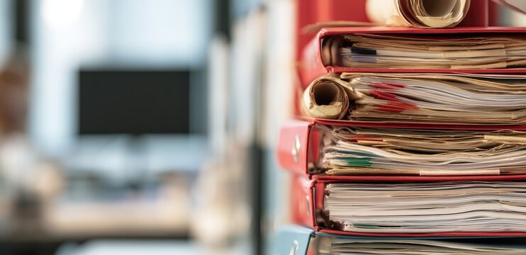 Stack of red binders filled with papers and documents