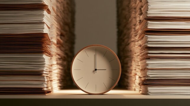 Elegant clock centered between towering stacks of weathered papers