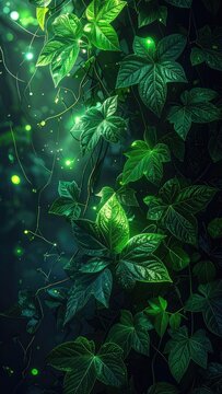 Lush green foliage with glowing specks creates a magical forest atmosphere.