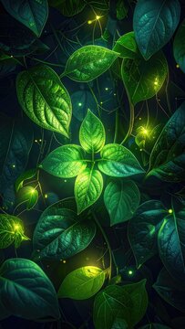 Lush green leaves illuminated by magical golden light.