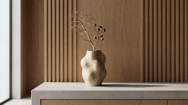 Minimalist textured ceramic vase with dried branches on a stone surface against a fluted wood wall, ideal for modern home styling.