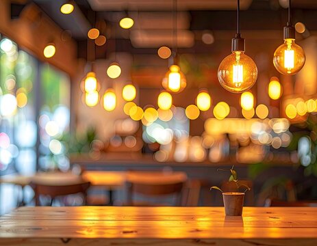 Warm and inviting ambiance of a cafe with soft lighting and bokeh effects.